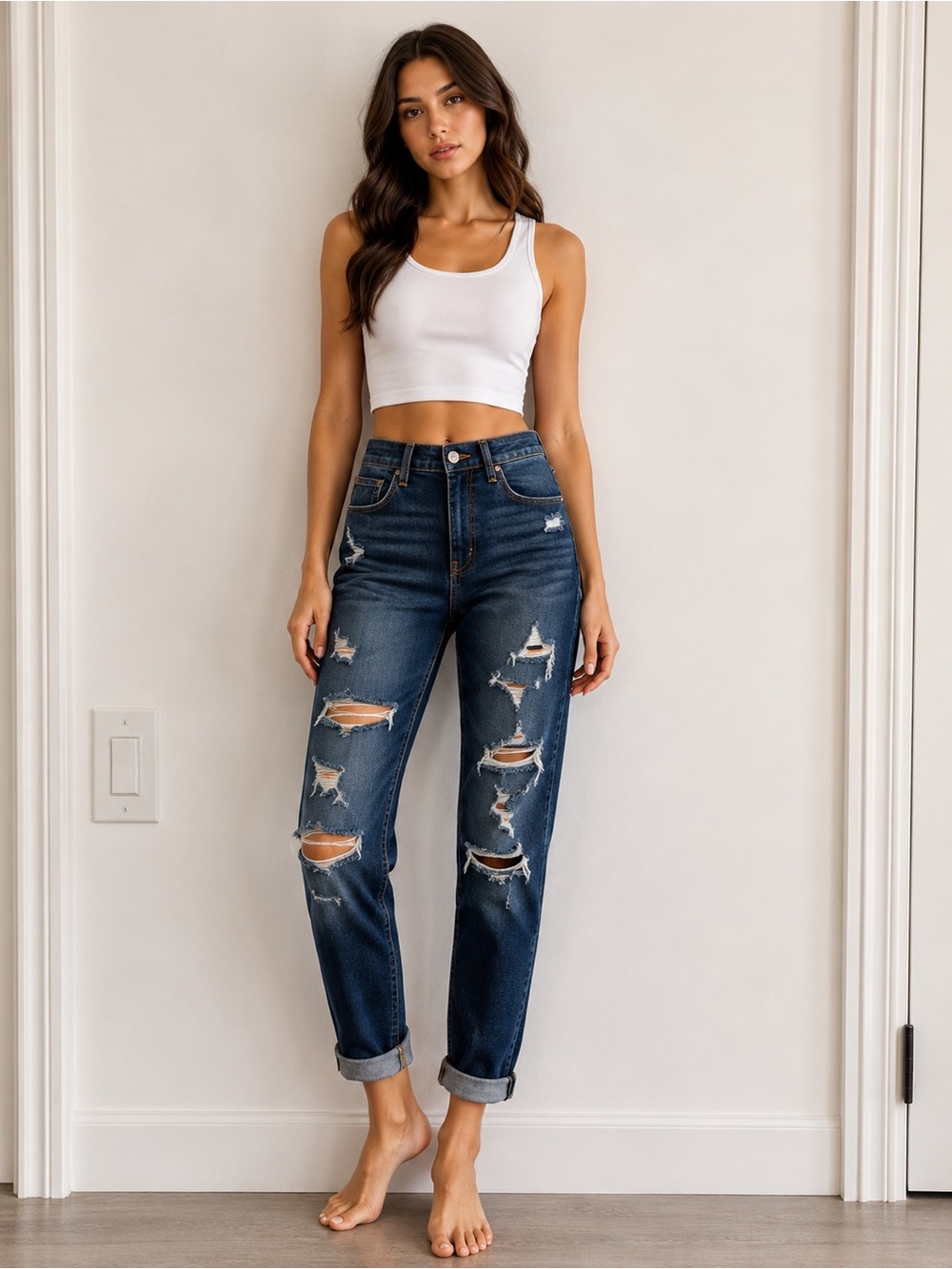 American Eagle Outfitters Distressed Boyfriend Jeans - Dark Blue